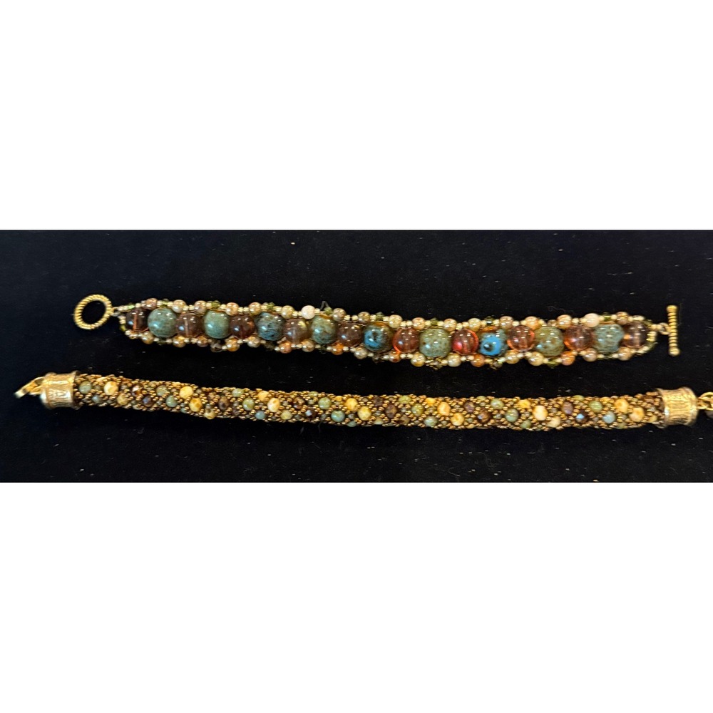 Handmade Women 7 to 8" Beaded Bracelet Set Earth Tone Boho Toggle Magnetic Clasp